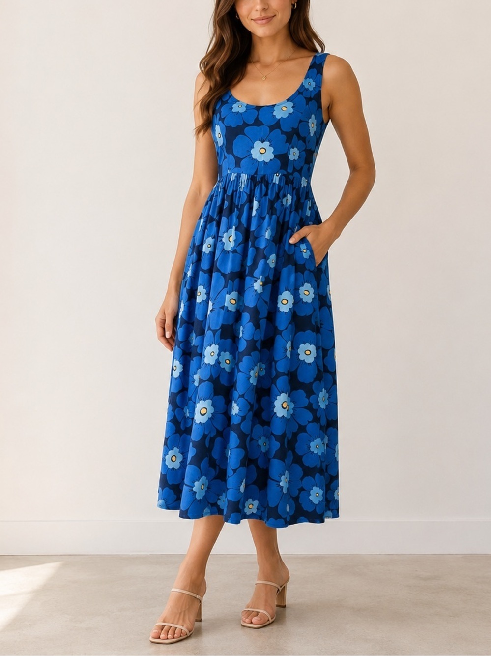 Sleeveless Midi Dress Blue Floral Size M